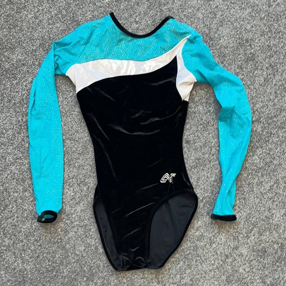 Women's AF teal velvet w/Lycra multi sparkle gymnastics tumbling leotard sz AM